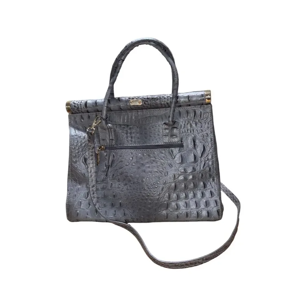 Made in Italy Gray Croc-Embossed Genuine Leather Satchel Bag